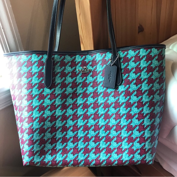 🥰 Coach City Tote With Houndstooth Print - Picture 2 of 10